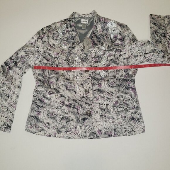 Chico's Parmenia Jacket Purple Pretty Print Silk Beaded Appliques Size 2 Large - Picture 7 of 16
